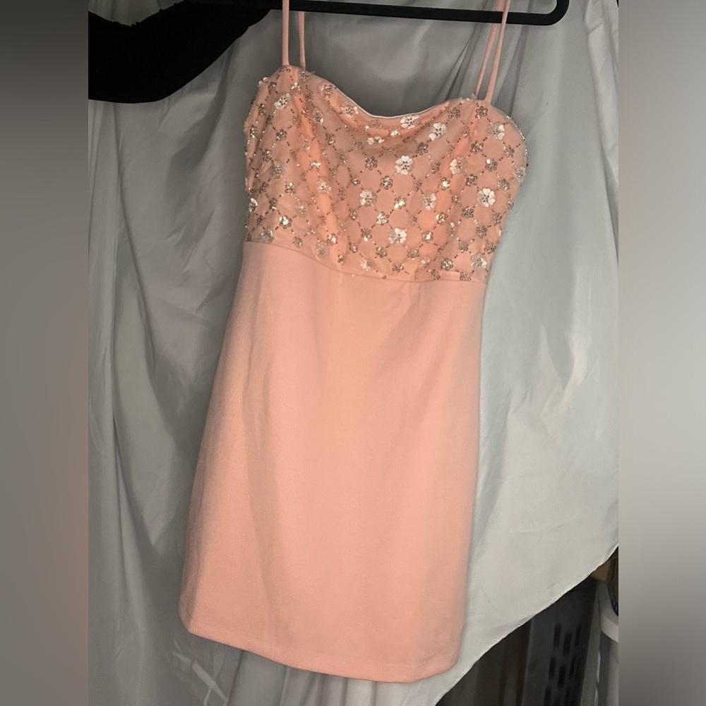 Hello Molly‎ light pink embellished spaghetti strapped lined mini dress size 6